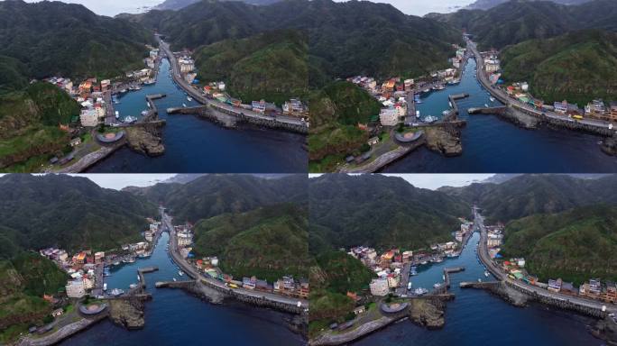航拍Bitou渔港4k画面。台湾东北角的一个港口。