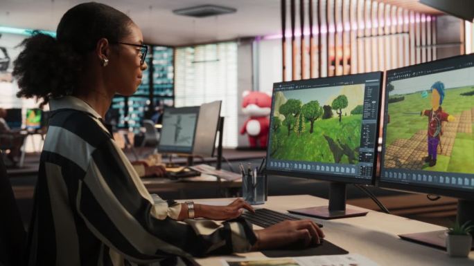 女性黑人游戏开发者使用台式电脑，在RPG电子游戏的3D建模软件中设计独特的世界和角色。非裔美国女性在