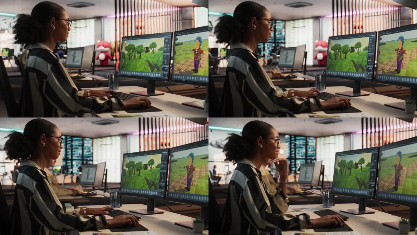 女性黑人游戏开发者使用台式电脑，在RPG电子游戏的3D建模软件中设计独特的世界和角色。非裔美国女性在