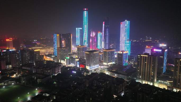 广东省东莞市民盈国贸中心夜景航拍