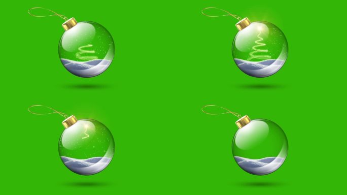 循环4k玻璃圣诞球动画隔离在绿色色度键的背景下，里面的雪和冷杉树烟花。