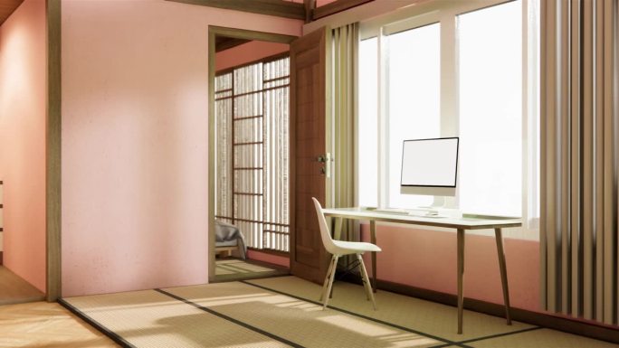 日本现代房间室内清洁室用榻榻米和日式灯。三维渲染