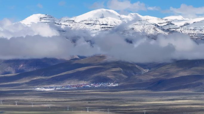 4K航拍西藏玛旁雍措雪山云海