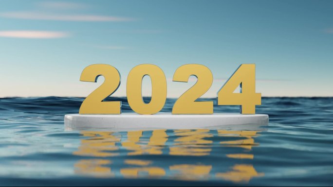 2024年新年快乐，海浪沙滩上有蓝天抽象背景。3 d渲染。