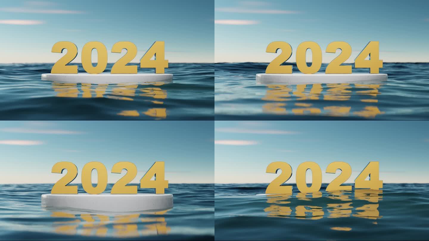 2024年新年快乐，海浪沙滩上有蓝天抽象背景。3 d渲染。