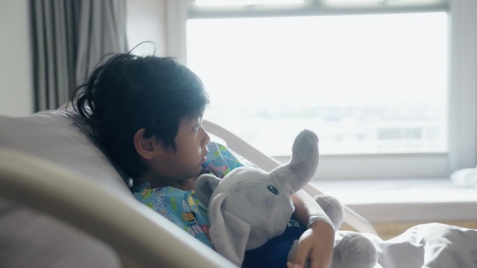 周末，一名带着大象娃娃的亚洲男孩躺在医院的病床上。