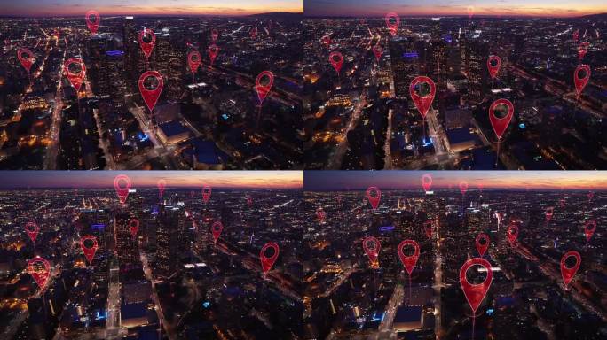 空中智慧城市。连接未来城市的本地化图标。技术理念、数据通信、人工智能、物联网。洛杉矶天际线。