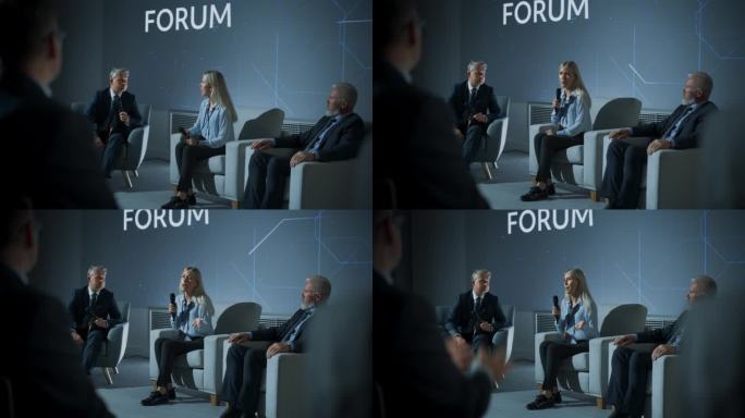国际科技会议:男主持人在观众面前问白人女CEO一个问题。自信的女性发表鼓舞人心的演讲，不同的与会者为