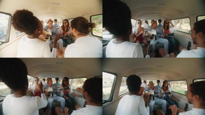 一辆面包车里的镜头:年轻的多民族朋友在公路旅行时跳舞和签名的慢动作。时尚快乐的男人和女人在小货车上旅