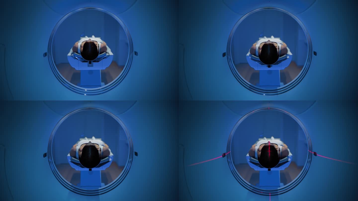 在医学实验室，躺在CT或MRI扫描床上的匿名女性患者在专业放射科医生的监督下接受扫描程序。床向相机移
