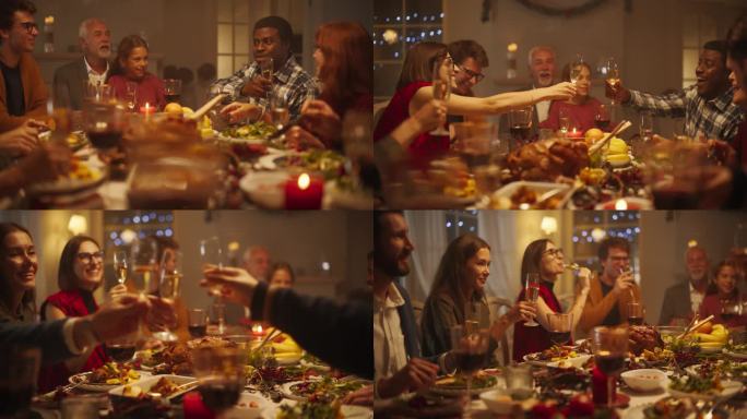 一位英俊的非洲青年在圣诞餐桌上敬酒。家人和朋友一起吃饭，举杯共饮香槟，敬酒，庆祝寒假