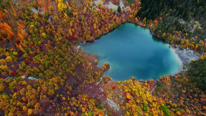 秋日林中美丽的蓝湖，鸟瞰图，风景如画，色彩鲜艳