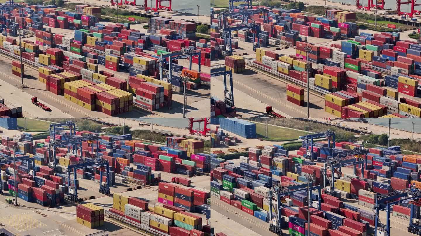 航拍长江龙潭港港口码头集装箱装卸运输航道
