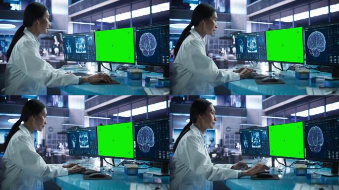 医院研究实验室:亚洲女医学家使用电脑绿屏色度展示。神经学家分析CT扫描，为脑损伤患者找到治疗方法。