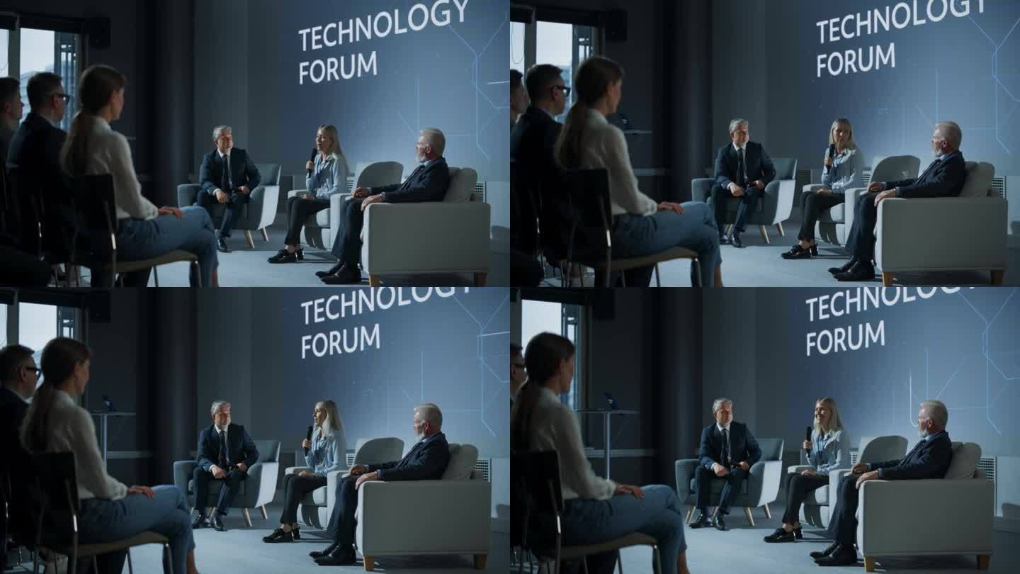 国际科技会议:男主持人在观众面前问白人女CEO一个问题。成功女性发表鼓舞人心的演讲，不同的与会者为她