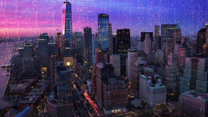 用电路板鸟瞰曼哈顿天际线。物联网。Technology-Futuristic。智慧城市概念。技术网络