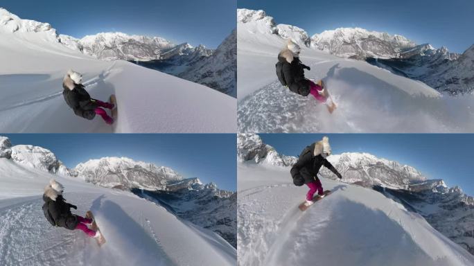 自拍:活跃的女士在雪山上滑雪时喷洒新鲜的雪