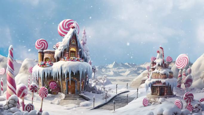 冬日童话城堡背景 卡通糖果小屋下雪
