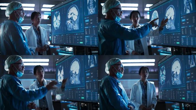 医院研究实验室会议:亚洲女性神经科学家与高加索男性神经外科医生讨论电视屏幕上的CT脑部扫描。穿着手术