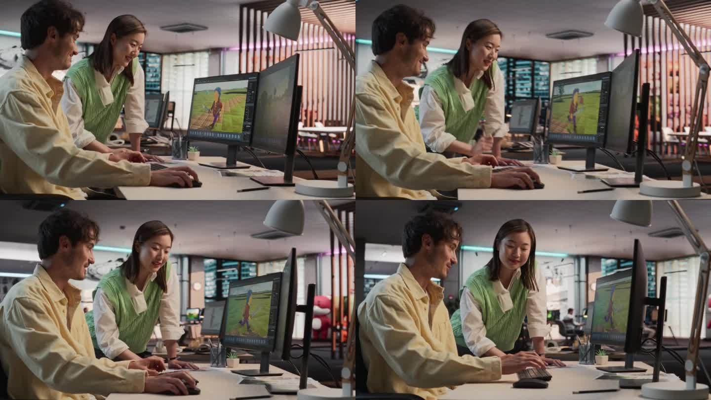 白人男性游戏设计师使用桌面电脑和3D建模软件，并在游戏开发工作室办公室与亚洲女性艺术总监交谈。不同的