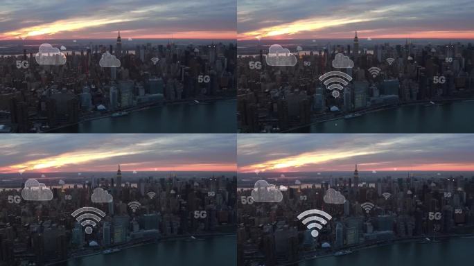 无线网络、移动技术概念、数据通信、云计算、人工智能、物联网。纽约的天际线。未来的城市。通过5G连接的