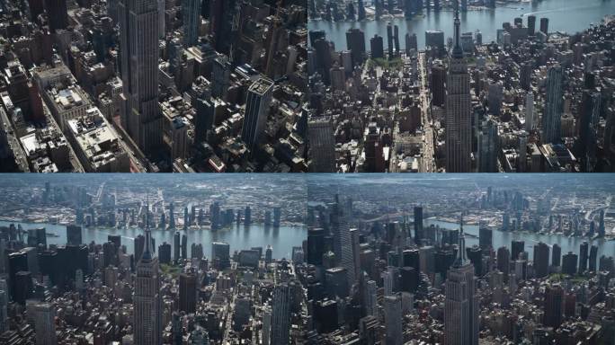 纽约市商业中心。著名的装饰艺术摩天大楼的空中弧线镜头。从直升机上俯瞰令人印象深刻的旅游地标。曼哈顿全
