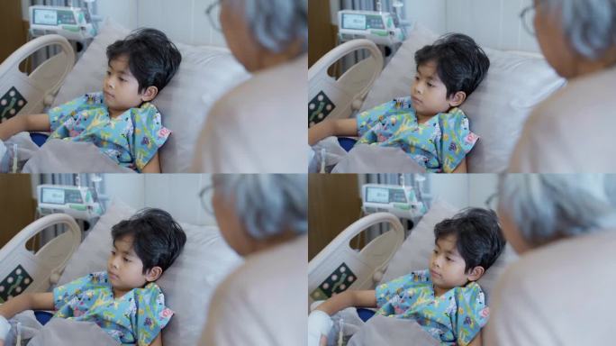 奶奶在医院康复室看望并安慰孙子。