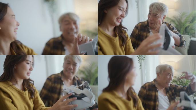 一个积极向上的老人在家里戴着虚拟现实眼镜和他的女儿玩新技术。