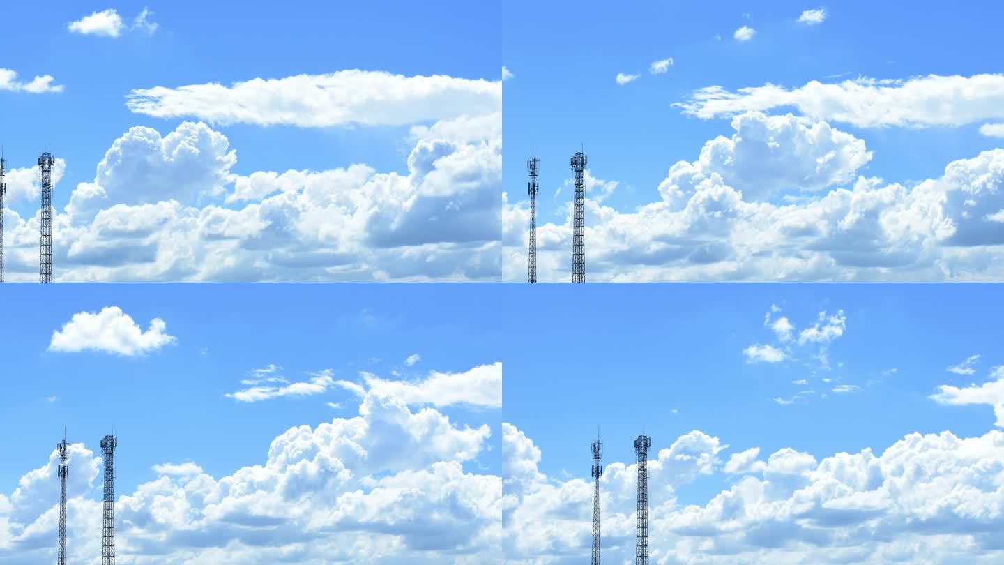 云穿过电话塔云层拍摄风起云涌蔚蓝天空