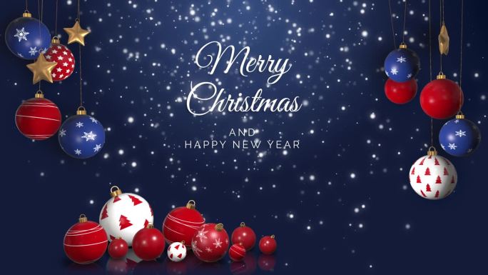 新年和圣诞祝福动画卡。圣诞装饰，球，星星在蓝色的背景与雪花。循环运动图形。