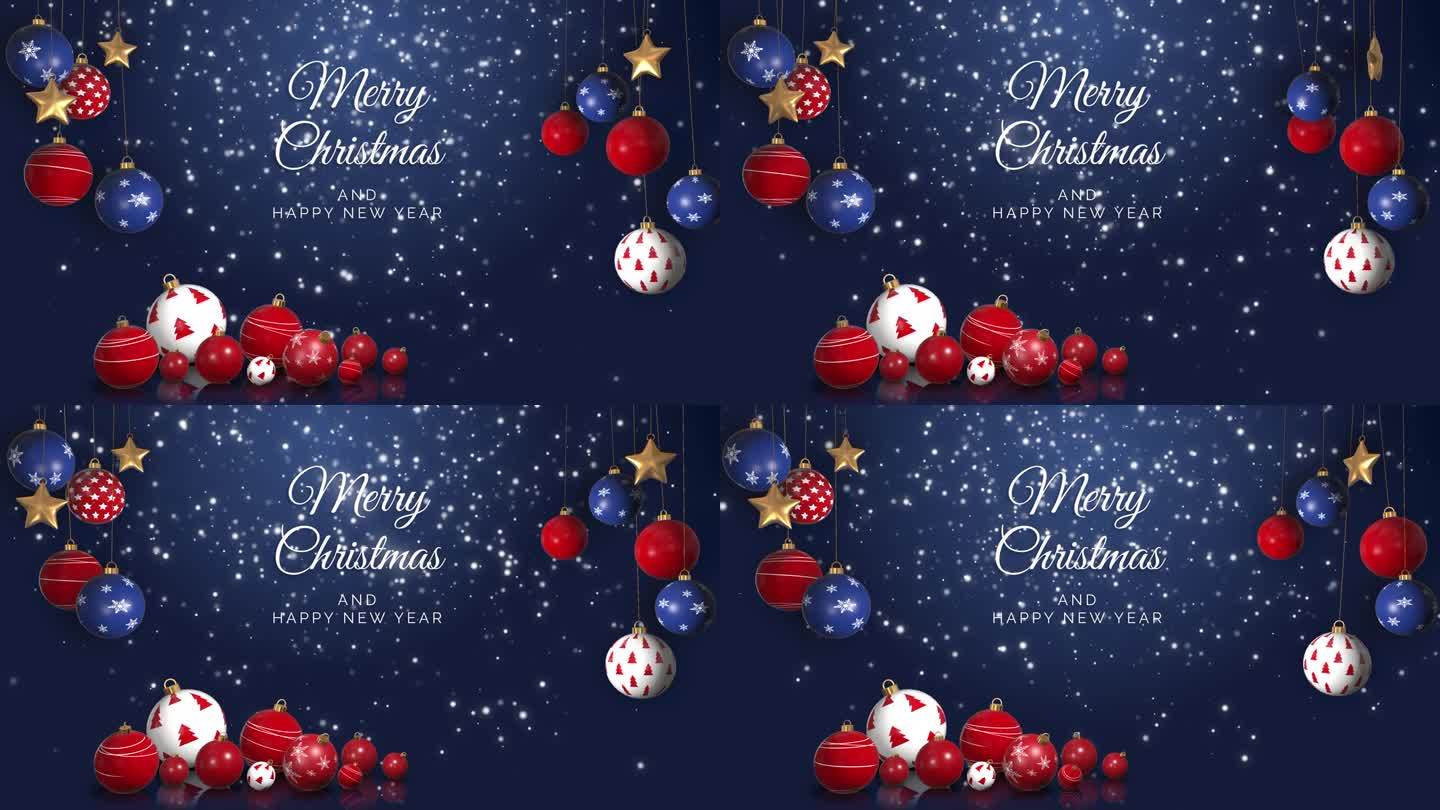 新年和圣诞祝福动画卡。圣诞装饰，球，星星在蓝色的背景与雪花。循环运动图形。