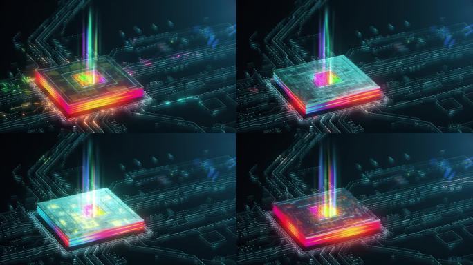 强大的CPU与发光的中央核心主板与数据传输。量子技术和处理的未来