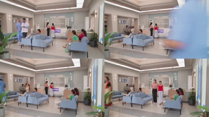 活跃的印度当地健康诊所大厅的延时镜头，代表着现代和先进的医疗服务与护士和医生。在医院接待厅等候的各种