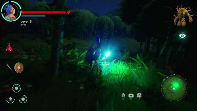 夜间视频游戏模型:可玩的角色在3D幻想角色扮演视频游戏。冒险的女性英雄角色，手持发光的魔法剑奔跑和探