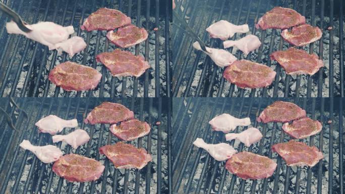 烤架上的鸡肉和猪肉。户外烧烤