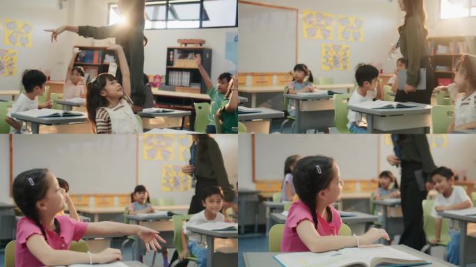 一群有趣的小学生在教室里举手回答一位漂亮的女老师的问题。