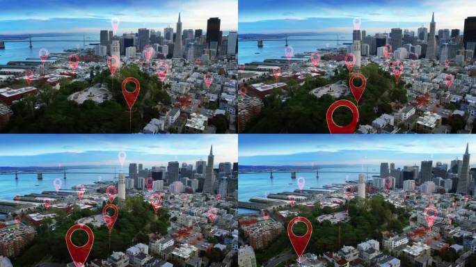 空中智慧城市。连接未来城市的本地化图标。技术理念、数据通信、人工智能、物联网。旧金山天际线。
