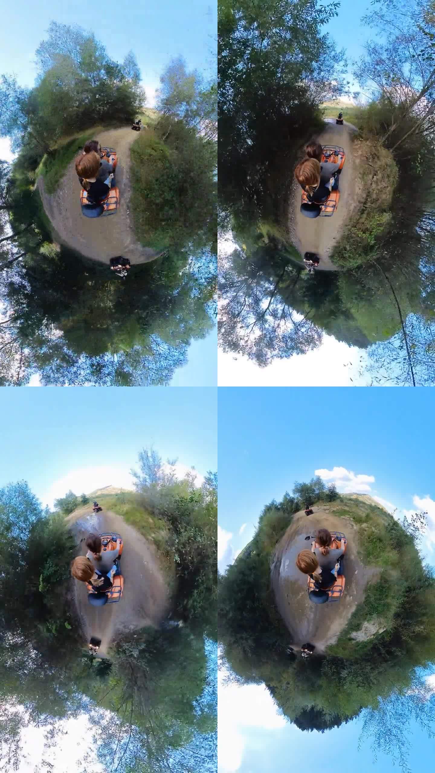 两个年轻女人在自然公园里开着一辆四轮摩托车。罗马尼亚。
