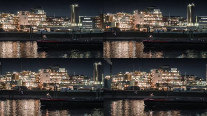 化工厂前的工业船货船进港港口夜景船夜间航