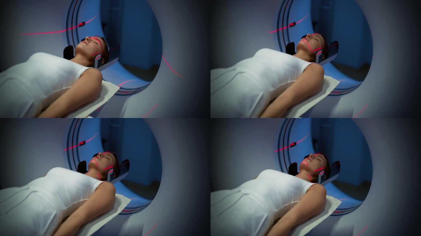 一位躺在CT或MRI扫描上的女性病人的特写肖像，当机器扫描她的身体和大脑时，床在机器内部移动。拥有高