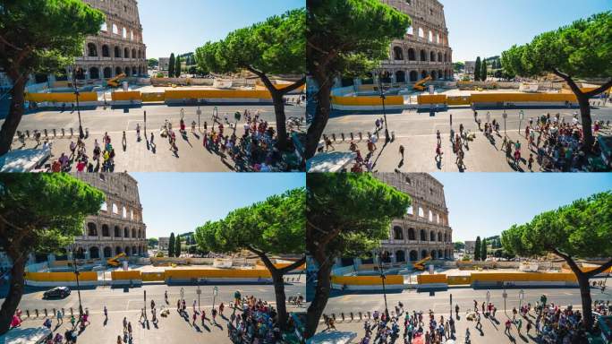 意大利罗马，夏天，在罗马斗兽场和君士坦丁拱门前，一群行人在游览观光景点