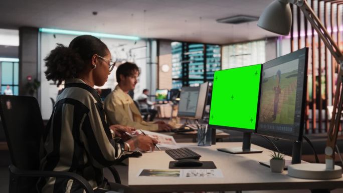 女性黑人游戏设计师使用桌面电脑绿屏Chromakey显示，设计角色在3D建模软件的生存视频游戏。在游
