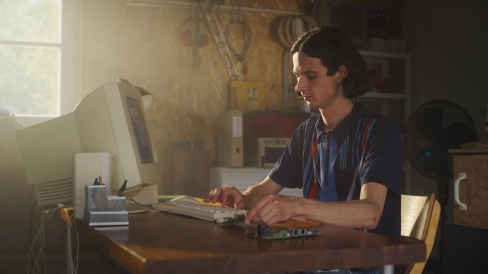 白人男性计算机工程师在老式台式电脑上编程，在复古的车库里检查微芯片。男子在90年代创办了一家创新的计