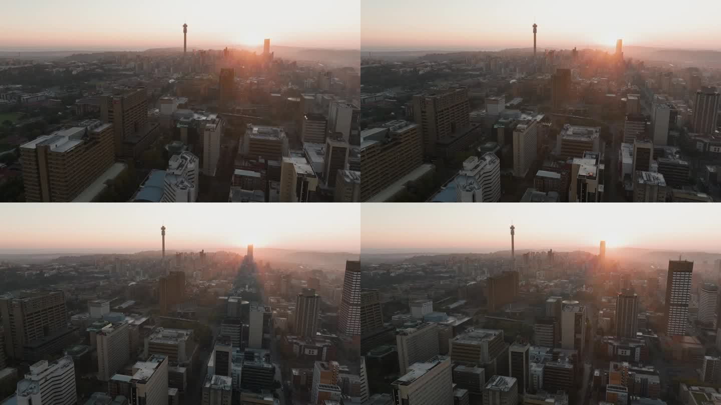 日出时壮观的约翰内斯堡市中心鸟瞰图