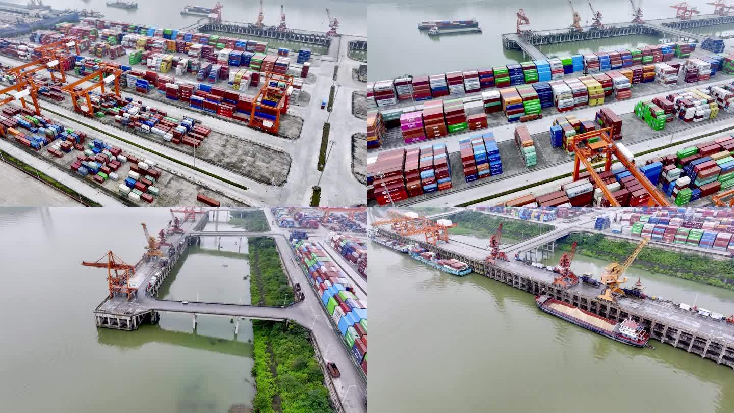 航拍重庆果园港长江港口集装箱码头