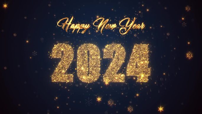 新年快乐2024与闪闪发光的雪花星田在蓝色背景和金色文字