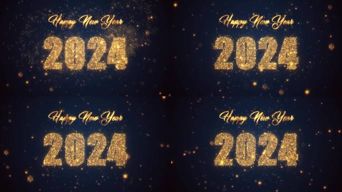 新年快乐2024与闪闪发光的雪花星田在蓝色背景和金色文字