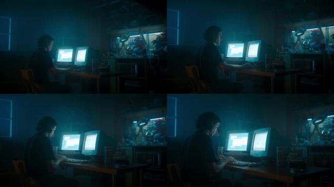 白人男性程序员深夜在复古车库使用带两个显示器的旧台式电脑。邪恶的黑客搜索软件漏洞，编码DDOS攻击，