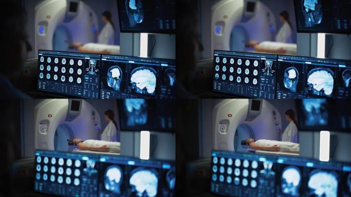 医院研究实验室:男性医学科学家使用计算机与脑扫描MRI图像的女性患者正在接受医疗过程的背景。医疗保健