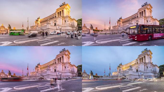 人们在黄昏的天空下行走在罗马宏伟的街道上。
